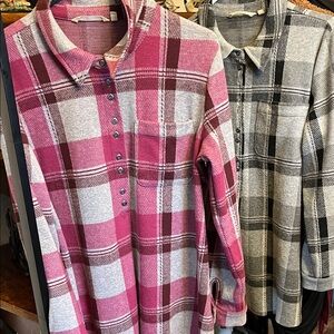 Soft Surroundings Pink and Gray Plaid Button Down Shirts